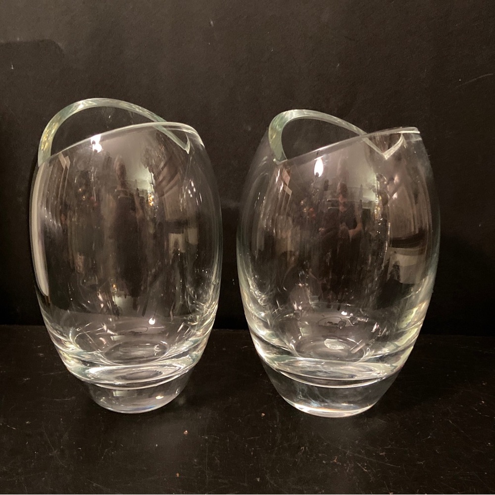 2 Tarnow Poland Lead Clear Glass Crystal Vase Open Fish Mouth Top Design